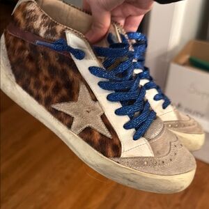 Golden Goose Leopard Print Sneakers with Blue Laces